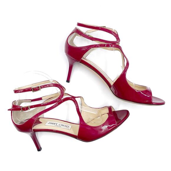 Jimmy Choo Ivette Sandals Burgundy Patent Leather Strappy Low Heels Sz 40 / 10 - Picture 7 of 11